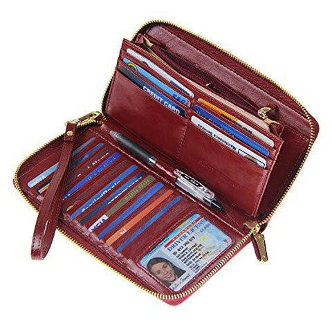 Rfid Blocking Wallet Wax Genuine Leather Zip Around Clutch Large Travel Purse Wine Red