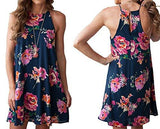 Mitilly Halter Neck Boho Floral Print Chiffon Casual Sleeveless Short Dress Large Dark Blue