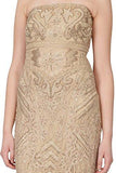 Metallic Embroidered Ribbon Beige Strapless Cocktail Eve Dress