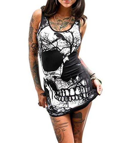 M2Mo Hip Hop Skull Print Scoop Neck Club Bodycon Dress Black Us S