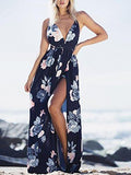 Berrygo Sexy Deep V Neck Backless Floral Print Split Maxi Party Dress