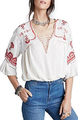 Chiquita Embroidered Peasant Top Large, Ivory Combo