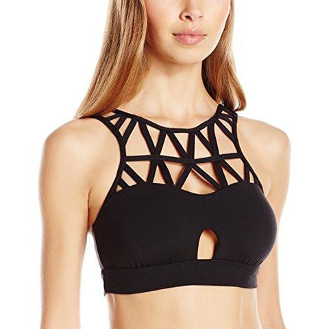 Recreation Zig Zag Solid Hi Neck Strappy Bra, Black, Large