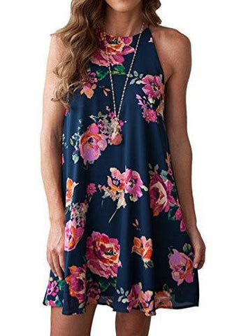 Mitilly Halter Neck Boho Floral Print Chiffon Casual Sleeveless Short Dress Large Dark Blue