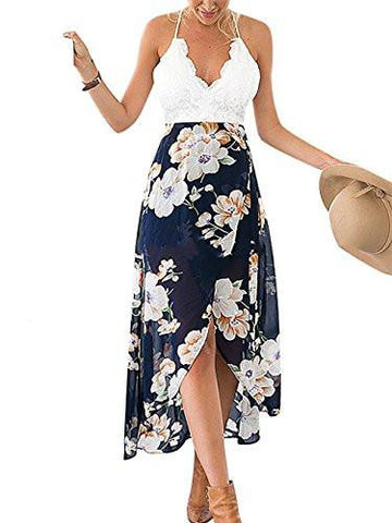 Famulily Vneck Lace Patchwork Irregular Hem Floral Halter Maxi Dress Small