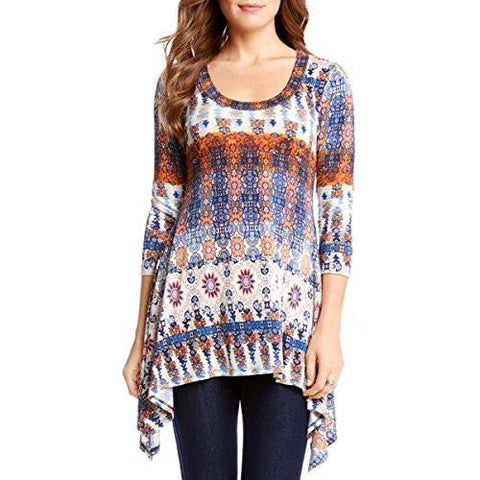 Printed 3/4 Sleeves Casual Top Navy M