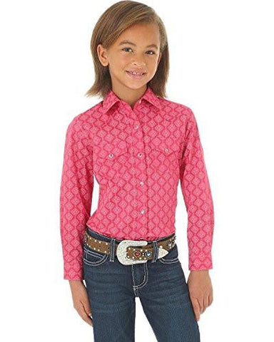 Girls Printed Double Pocket Long Sleeve Western Top Pink Medium