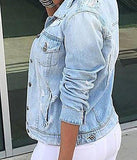 Pxmoda Turn Down Collar Ripped Destroyed Denim Jacket Outwear