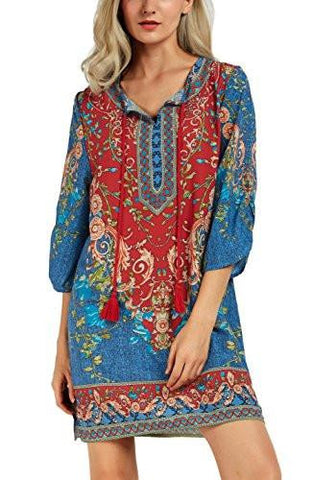 Bohemian Neck Tie Vintage Printed Ethnic Style Summer Shift Dress Large Pattern 2
