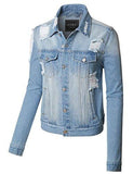 Le3No Vintage Washed Long Sleeve Ripped Distressed Denim Jean Jacket