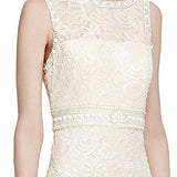 Draped Back Embellished Lace Column Evening Gown Dress