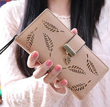Long Leaf Bifold Wallet Leather Card Holder Purse Zipper Buckle Elegant Clutch Wallet Handbag Khaki