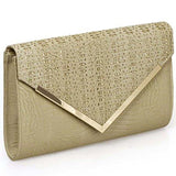 Pale Khaki Pu Leather Alligator Skin Pattern Perforated Glitter Metal Accent Envelope Flap Clutch Handbag