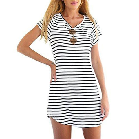 Tenworld Crew Neck Short Sleeve Striped Loose Tshirt Mini Dresss Xxxl M = Us 6Multicolormedium