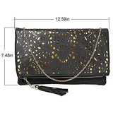 Medium Sized Glimmering Gold Perforated Cut Out Pattern Gold Accent Background Foldover Pouch Fashion Clutch Handbag