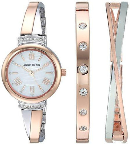 Swarovski Crystal Accented Rose Goldtone And Silvertone Bangle Watch And Bracelet Set
