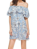 M2Mo Summer Ruffle Off Shoulder Printed Loose Beach Dress Blue Us L