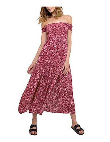 Casual Off Shoulder Split Bohemian Floral Long Maxi Dress Red M