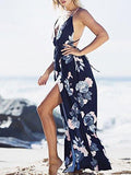 Berrygo Sexy Deep V Neck Backless Floral Print Split Maxi Party Dress