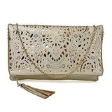 Medium Sized Glimmering Gold Perforated Cut Out Pattern Gold Accent Background Foldover Pouch Fashion Clutch Handbag