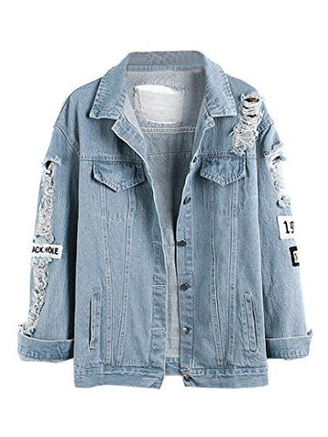Choies Light Blue Vintage Letter Patch Ripped Pockets Denim Coat Xl