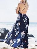 Berrygo Sexy Deep V Neck Backless Floral Print Split Maxi Party Dress