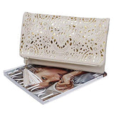 Medium Sized Glimmering Gold Perforated Cut Out Pattern Gold Accent Background Foldover Pouch Fashion Clutch Handbag