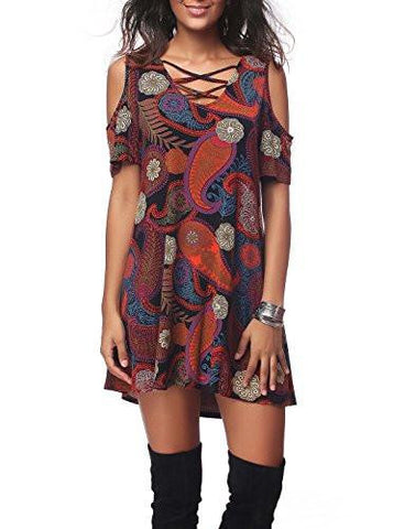 Casual Short Sleeve Off Shoulder Cross Vneck Loose Dressmulticolor1Bluexxl