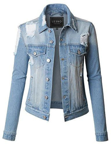 Le3No Vintage Washed Long Sleeve Ripped Distressed Denim Jean Jacket