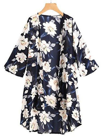 Sweatyrocks Chiffon Blouse Floral Print Kimono Cardigan Half Sleeve Cover Up Dress One Size