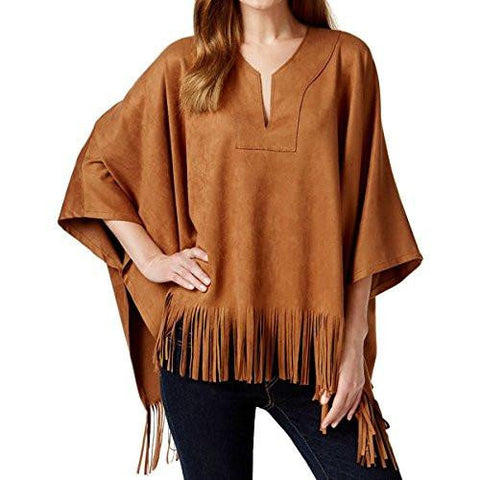 Faux Suede Fringe Poncho Top Gray M/L