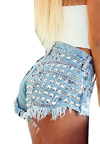M2Mo Distressed High Rise Rivet Tassel Trim Denim Shorts Light Blue Us Xs