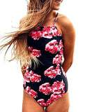 Pxmoda One Piece Leaf Print Swimsuit Back Bandage Padded Bikini Monokini Swimwear M Red