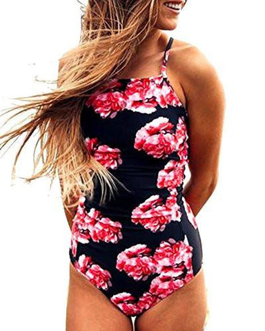 Pxmoda One Piece Leaf Print Swimsuit Back Bandage Padded Bikini Monokini Swimwear M Red
