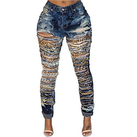 Vicvik Knee Casual Stylish Hip Hop Skinny Denim Pants Ripped Chain Jeans Xl Blue