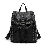 Black Backpack Washed Leather Punk Preppy Style Shoulder Bag School Bags Girls Travel Casual Waterproof Rivet Snowflake