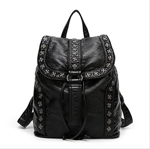 Black Backpack Washed Leather Punk Preppy Style Shoulder Bag School Bags Girls Travel Casual Waterproof Rivet Snowflake