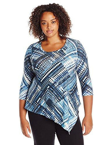 Plus Size Blue Diamond Asymmetrical Hem Tee, Print, 1X