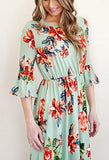 Annflat Boho Floral Print High Waist Flowy Party Beach Midi Dress Small Green