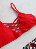 Sweatyrocks Red Bathing Suit Spaghetti Strap Floral Print Crisscross Bikini Set Red Medium