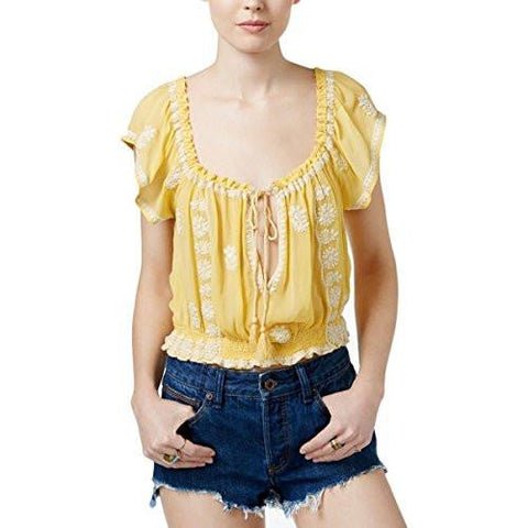 Sheer Embroidered Crop Top Yellow M