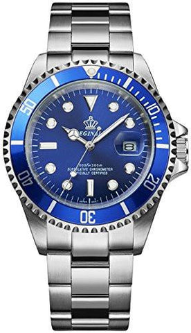Blue Dial Rotatable Bezel Sapphire Luminous Hand Quartz Silver Stainless Steel Watches