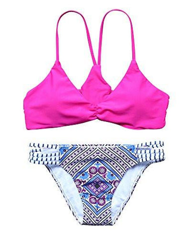 Mooskini Vintage Printing Bathing Suit Strappy Padded Bikini Set Beach Swimsuit M Pink