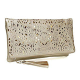 Medium Sized Glimmering Gold Perforated Cut Out Pattern Gold Accent Background Foldover Pouch Fashion Clutch Handbag