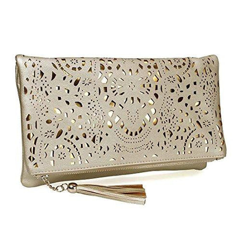 Medium Sized Glimmering Gold Perforated Cut Out Pattern Gold Accent Background Foldover Pouch Fashion Clutch Handbag