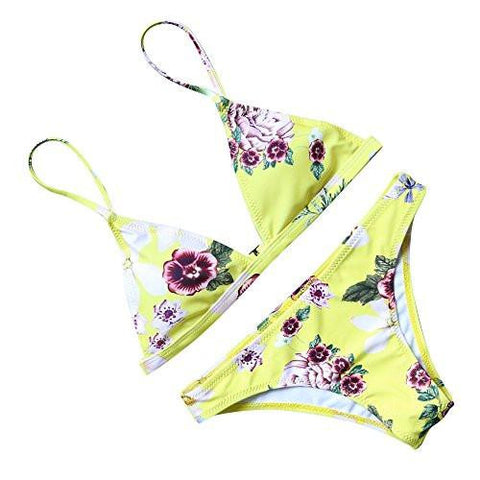 Mooskini Padded Floral Printing Bikini Beach Cover Up Two Piece Swimsuit Lus Size 68 Yellow