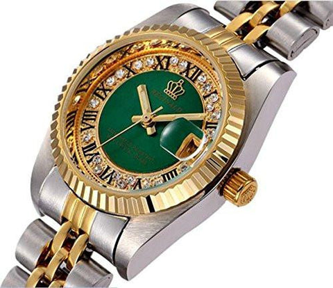Silver & Gold Stainless Steel Strap Waterproof Quartz Calendar Fashion Luxury Watch Green