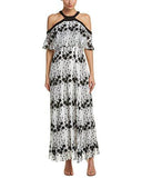 Embroidered Cold Shouder Maxi Dress, Cream Black, 12