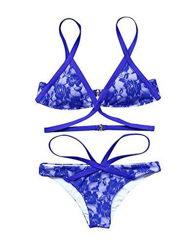 Mooskini Sexy Lace Halter Padded Push Up Bikini Set Twopieces Swimsuit S Blue