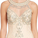 Embellished Lace Illusion Yoke Halter Evening Gown Dress